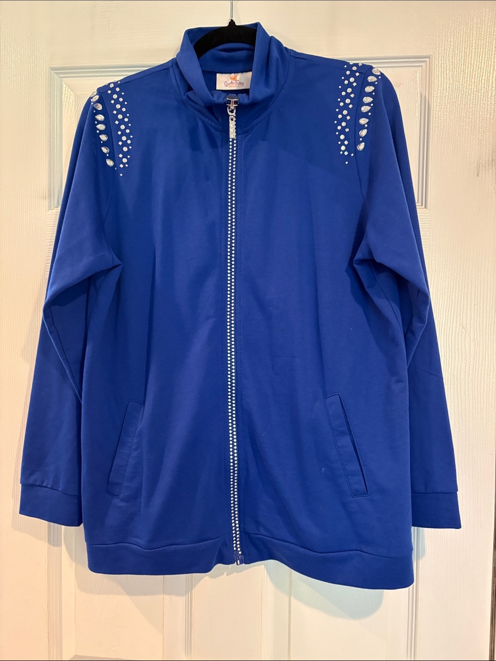 Quacker Factory Cobalt Blue Rhinestone Zip Bomber Jacket